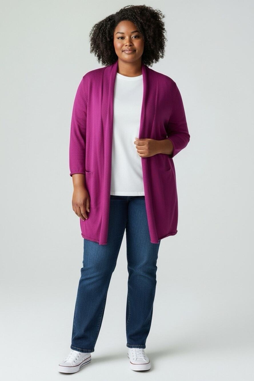 CJ Banks Magenta Purple Open Front 3/4 Sleeve Cardigan Sweater Mix Media 3X